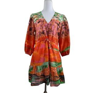 Willa Story Colorful Tiered Mini Dress Small V Neck Tie Waist Balloon Sleeve USA